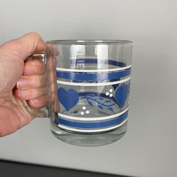 Vintage 90's Set of 2 Country Kitchen Blue Heart‎ Clear Glass Coffee Mugs - Picture 7 of 7